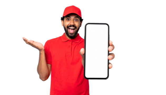 Smiling delivery man showing a smartphone with a blank screen, gesturing with his hand