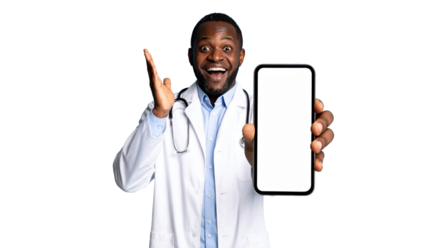 A doctor holding a blank smartphone with excitement
