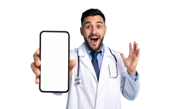Doctor excitedly presenting a blank mobile phone screen. He has stethoscope around his neck, looking thrilled