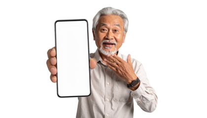 An elderly person joyfully presenting a blank smartphone screen