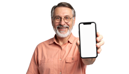 Smiling senior man holding up a phone with a blank screen, showcasing modern technology with a cheerful disposition.