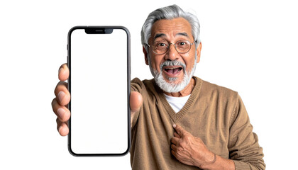 An excited older man holds and points to his phone with a blank screen. Showing a close up of the happy man. Showing the latest technology in his hand