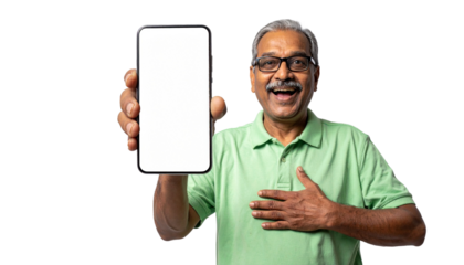 Cheerful man presenting a mobile phone with a blank screen, smiling happily