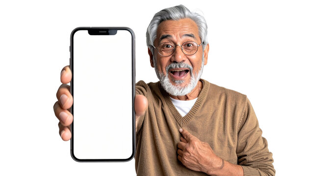 An excited older man holds and points to his phone with a blank screen. Showing a close up of the happy man. Showing the latest technology in his hand