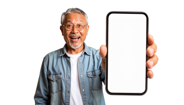 An elder person holding a blank screen phone with a happy smile. He is in casual wear, and the phone screen offers space for various applications - Powered by Adobe