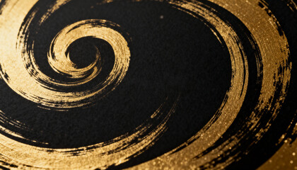 High resolution picture of golden textured spiral brush stroke on a black background. Abstract luxury art design.