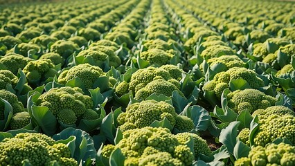 calabrese. Agricultural field of mature Calabrese broccoli with dense green florets under sunlight. public awareness campaigns.