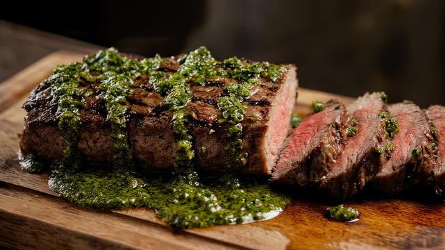 Delicious Sliced Steak with Chimichurri Sauce on Wooden Board.
