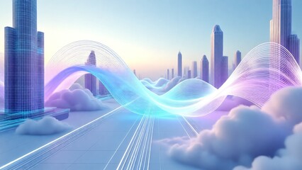Ethereal futuristic cityscape with glowing light trails representing data transfer, a clean 3D abstract render of modern geometric architecture among the clouds for a technology background