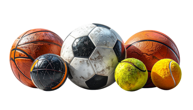 Set of Realistic 3D Sports Balls Including Basketball, Soccer, Football, and Tennis Ball PNG