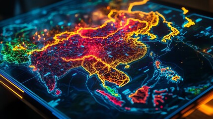 Stunning illuminated world map with vibrant data visualization showcasing global connectivity and technological innovation