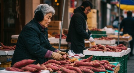 Grandma selling sweet potatoes at the market