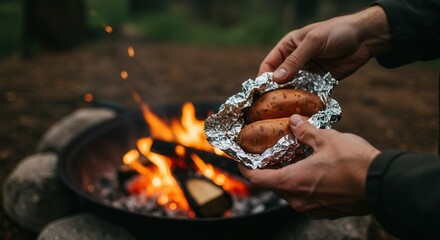 Sweet potatoes wrapped in aluminum foil at the campsite