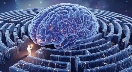 Glowing human brain in a complex maze with a guiding figure, blue and purple, representing intelligence, problem-solving, and mental exploration.