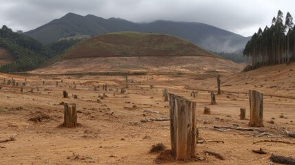 Desolate Landscape of Deforested Area with Stumps on Brown Earth and Mountainous Backdrop Amidst Cloudy Skies