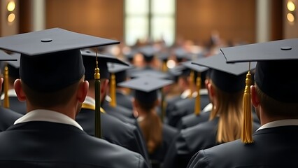 procession. Graduation caps arranged in neat rows in a ceremonial academic environment. pitch deck slides, case study pages, designed for brand storytelling and e-commerce strategy.