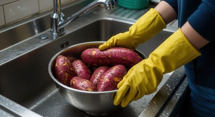 Washing sweet potatoes in the kitchen wearing yellow rubber gloves
