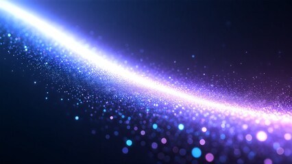 Futuristic neon light trail with vibrant purple blue sparks and glowing particles on dark background for tech marketing campaign or website hero image with copy space for text