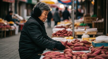 Grandma selling sweet potatoes at the market