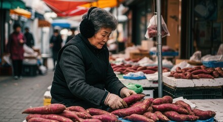 Grandma selling sweet potatoes at the market