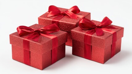 Obraz premium Three stacked red christmas gift boxes with shiny red ribbons and bows on white background for holiday celebration and festive decoration