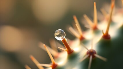 kusudama. Extreme close-up of a cactus spine with a single dewdrop at its tip in morning light. gardening catalogs, home-decor guides, designed for home decor and floral branding.