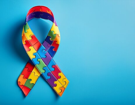 colorful autism ribbon made from puzzle pieces on light blue background symbol of april awareness month banner copy space - Powered by Adobe