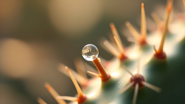 kusudama. Extreme close-up of a cactus spine with a single dewdrop at its tip in morning light. gardening catalogs, home-decor guides, designed for home decor and floral branding.