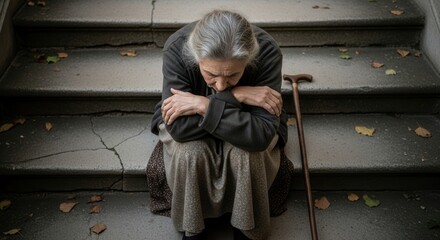 An old woman sitting on the stairs, feeling listless and depressed