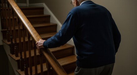 An old man climbing stairs while holding onto the railing