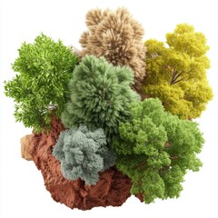 A variety of colorful trees growing on a chunk of soil, isolated on a white background.