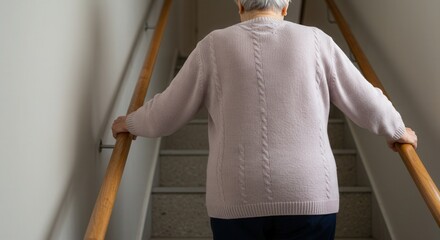 An old woman climbing stairs while holding onto the railing