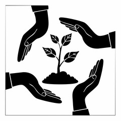 Four hands protecting a young plant symbolizing environmental care and growth.