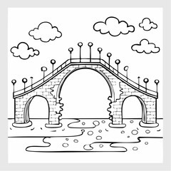 Hand drawn illustration of a brick bridge over water.