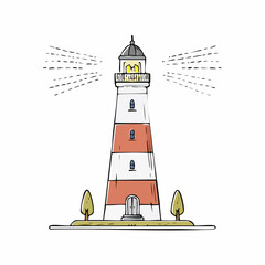 Hand Drawn Red and White Lighthouse Illustration.