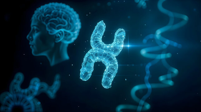 Human chromosome and DNA helix on blue medical background, 3d render illustration - Powered by Adobe
