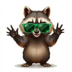 Obraz premium Cute raccoon wearing sunglasses, friendly expression, waving paws in a playful manner