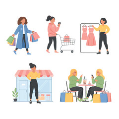 Flat Vector Set of Women Shopping Retail and Fashion Activities