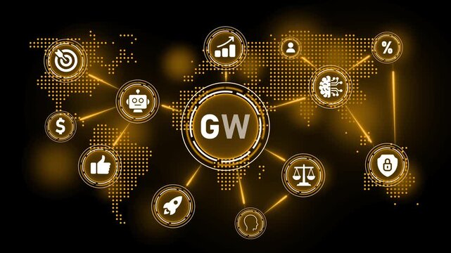Global Network with GW Text and Orange Icons on World Map Background technology data - Powered by Adobe