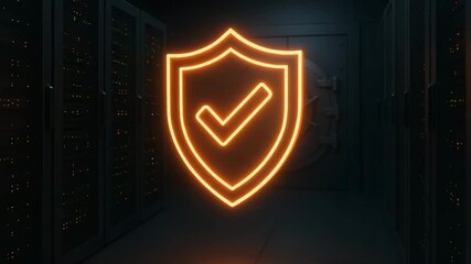 A glowing shield icon representing cyber security and data protection within a server room environment. - Powered by Adobe