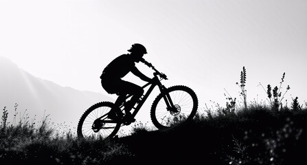 Naklejka premium Silhouette of Mountain Biker Conquering the Slope: A determined mountain biker silhouetted against a radiant sky. Demonstrating grit and determination, a cyclist navigates a challenging uphill climb.