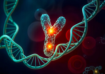Y chromosome near DNA helix, concept of genetic inheritance and molecular biology, 3d biotechnology illustration