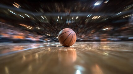 Close-Up View of Basketball on Court with Motion Blur in Background Displaying Dynamic Energy of Fast-Paced Game Action during Important Match