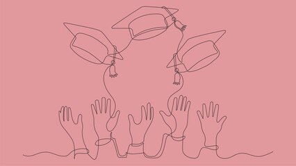 Graduates throw their graduation caps in their hands, creating a continuous one-line drawing festive graduation .