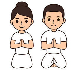 Cute cartoon lay Buddhist man and woman in white clothes paying respect sitting Thai style with hands folded.  Simple vector illustration drawing.