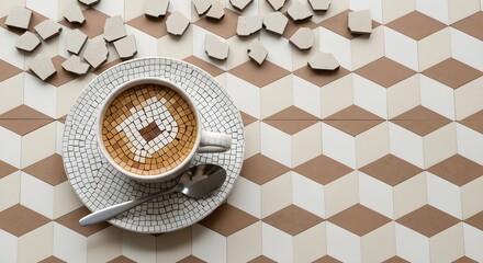 Overhead shot of coffee cup with sugar cubes on a patterned surface, top view