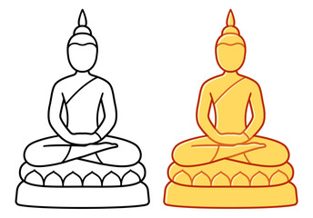 Thai golden Buddha statue, Southeast Asian style Theravada Buddhism. Color illustration and black and white line art. Simple vector clipart.