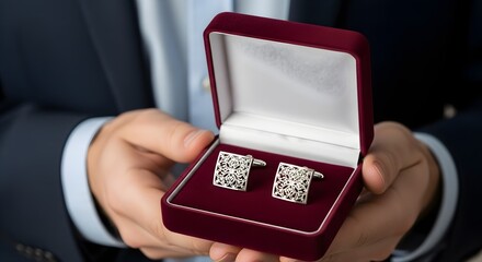 A man presents a velvet box containing a pair of ornate silver cufflinks as a gift