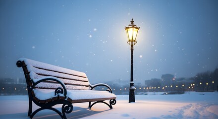A snowcovered park bench sits beneath a glowing lamppost on a cold winter night