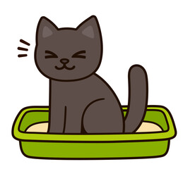 Cartoon black cat pooping in litter box. Cute and funny kitty drawing. Pet life vector illustration.